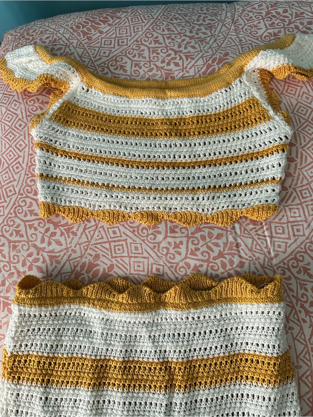 JLUXLABEL White & Yellow Crochet top and Trim Midi Skirt